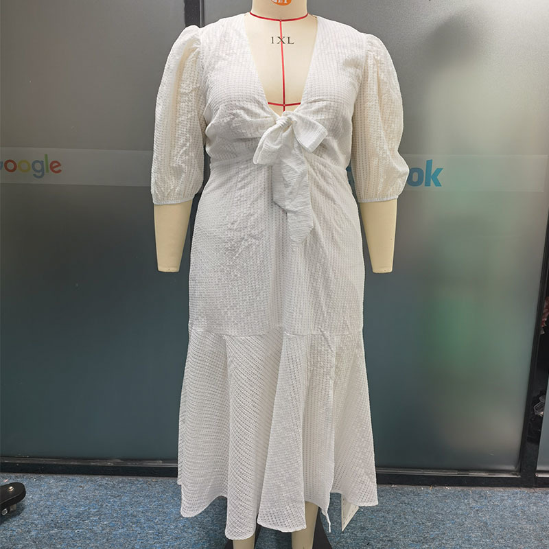 Plus size Dresses KUCLUT Women Size Midi Dress Solid Simple Short Sleeve V Neck Lace Up Nipped Waist Office Lady Oversize Party 230920