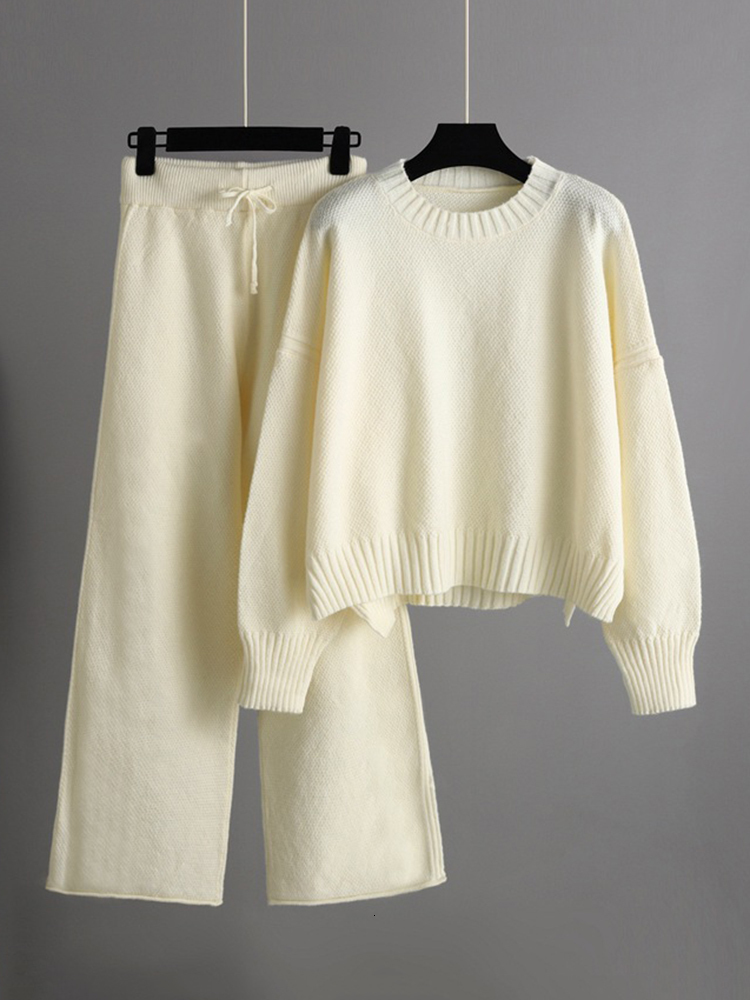 Womens Two Piece Pants GCAROL Autumn Winter Sweater Wide Leg 2 Pcs Sets Asymmetric Rib Knit Jumper Drawstring Casual Daily Wear Pullover 230920