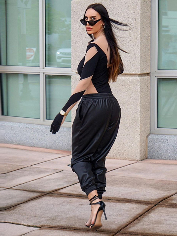 Womens Jumpsuits Rompers Transparent Mesh Patchwork Sexy Bodysuit Women ONeck Long Sleeve Body Top With Gloves Tight Fitting Woman Rave Club Outfits 2