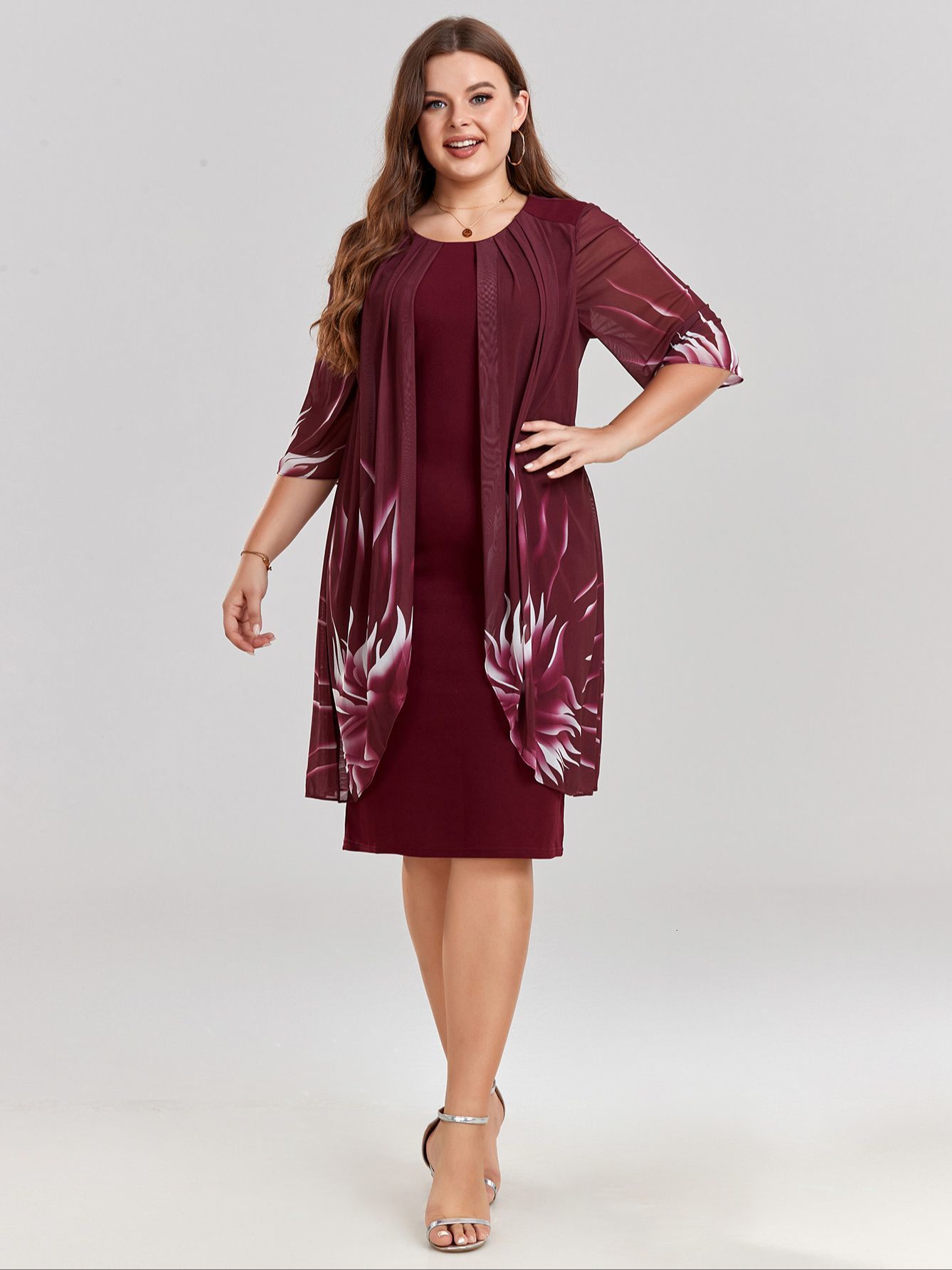 Plus size Dresses Size Dress for Women Elegant Burgundy Mesh Printed Irregular Slim 2023 Summer Casual Evening Party 2XL 3XL 4XL 230920