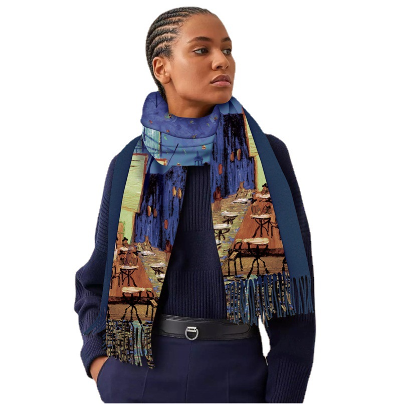 0C0030 Oil Painting Style Women's Home Clothing Scarves Imitation Cashmere Warm Shawl Tassels Versatile Digital Printing Customization and Wholes