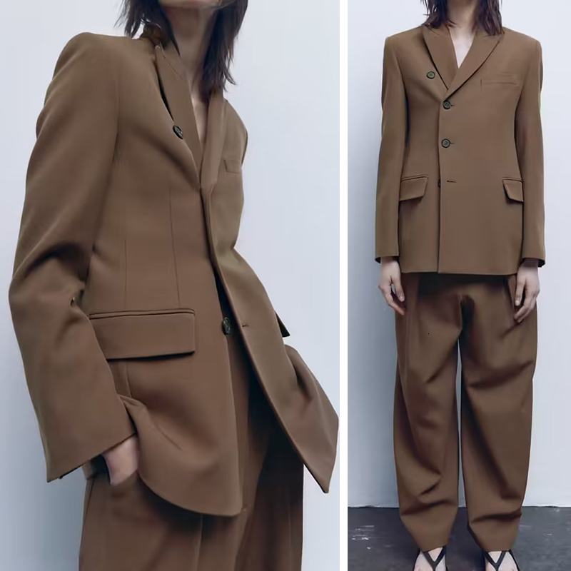 Womens Two Piece Pants Women Double Breasted Blazer Set Fashion Ladies Coffee Jacket High Waist Female Straight Pant Casual Chic Suit for 230921