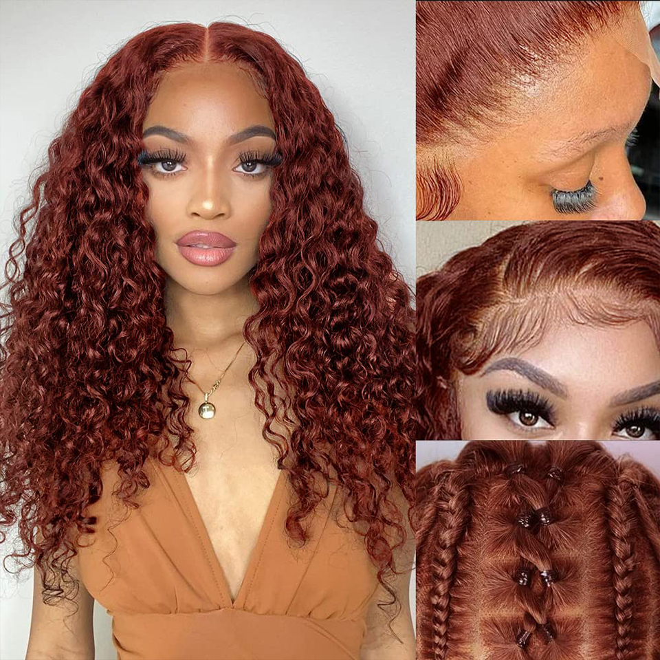 Reddish Brown Deep Wave - 40 Inch Glueless Curly Simulation Wig, 250 Density Copper Red HD Lace Frontal Human Hair Wig dh5727163