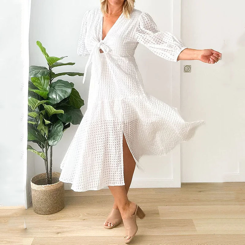 Plus size Dresses KUCLUT Women Size Midi Dress Solid Simple Short Sleeve V Neck Lace Up Nipped Waist Office Lady Oversize Party 230920