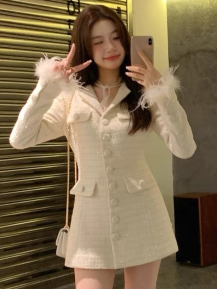 Women's Suits Blazers Elegant Solid Long Blazer Coat Women Single Breasted Vneck Autumn Winter Evening Party Dress Feathers Korean Chic Outerwear