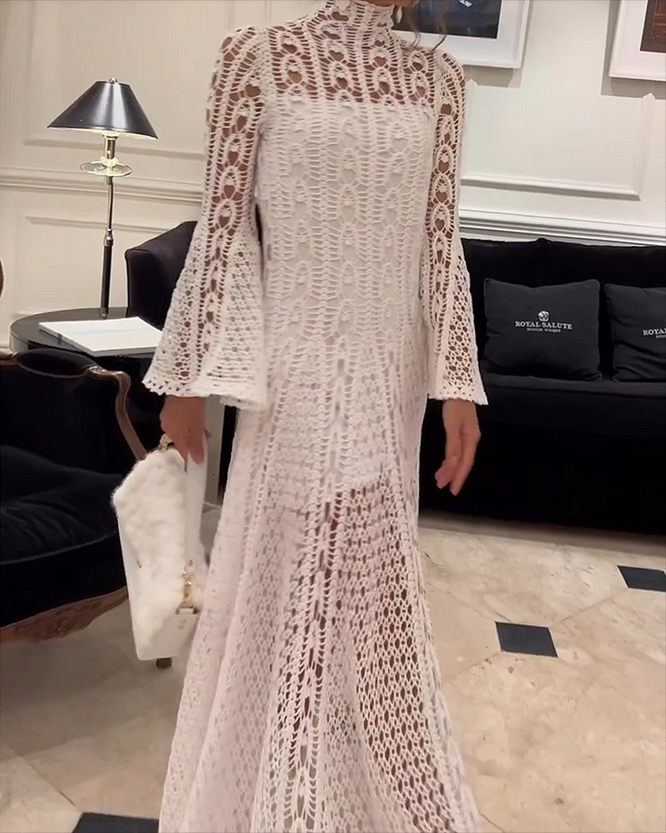 Casual Elegance: Hollow Out Turtleneck Long Sleeve Solid White Dress For Women B1