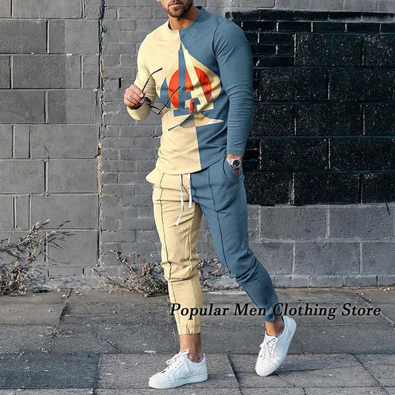 Mens Tracksuits Spring Tracksuit Set 3D Printed Solid Color Jogger Sportswear Casual Long Sleeves T shirtsLong Pants Suit Men Clothing 230920