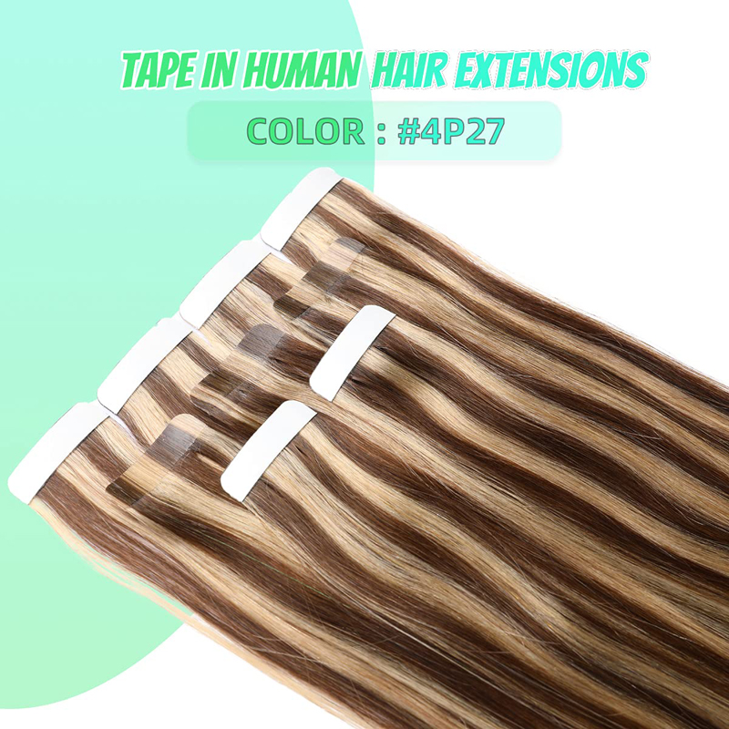 Ali Magic Tape In Hair Extensions Human Hair Color Dark Brown #4 Highlights #27 Strawberry Blonde Real Human Hair Extensions Tape In Silky Straight P4