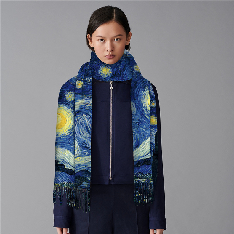0C0030 Oil Painting Style Women's Home Clothing Scarves Imitation Cashmere Warm Shawl Tassels Versatile Digital Printing Customization and Wholes