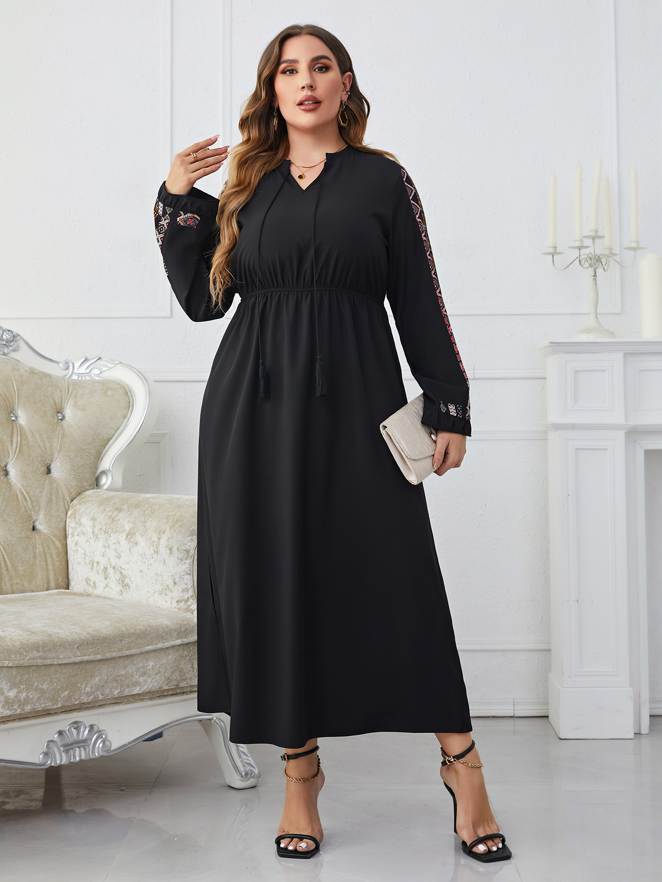 Plus size Dresses Size Tassel Tie Neck Casual Maxi Dres 2023 Spring Autumn Fashion Party Long Sleeve Female Elastic ALine 230920