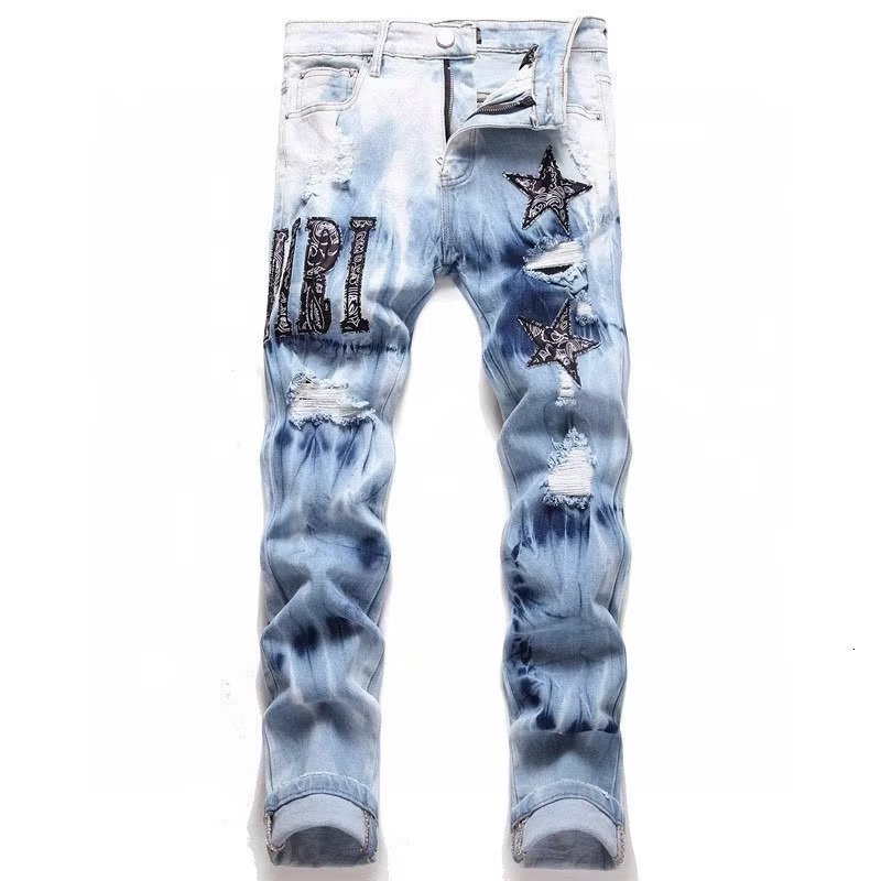 Mens Jeans Y2k Mens Star Embroidery High Street Ripped Punk Style Streetwear Pants for Man Slim Stretch Pencil Pantalones 230921