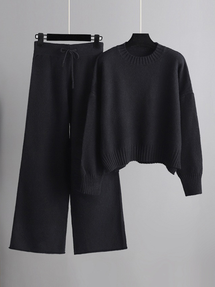 Womens Two Piece Pants GCAROL Autumn Winter Sweater Wide Leg 2 Pcs Sets Asymmetric Rib Knit Jumper Drawstring Casual Daily Wear Pullover 230920