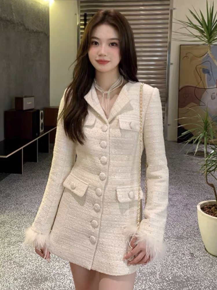 Women's Suits Blazers Elegant Solid Long Blazer Coat Women Single Breasted Vneck Autumn Winter Evening Party Dress Feathers Korean Chic Outerwear