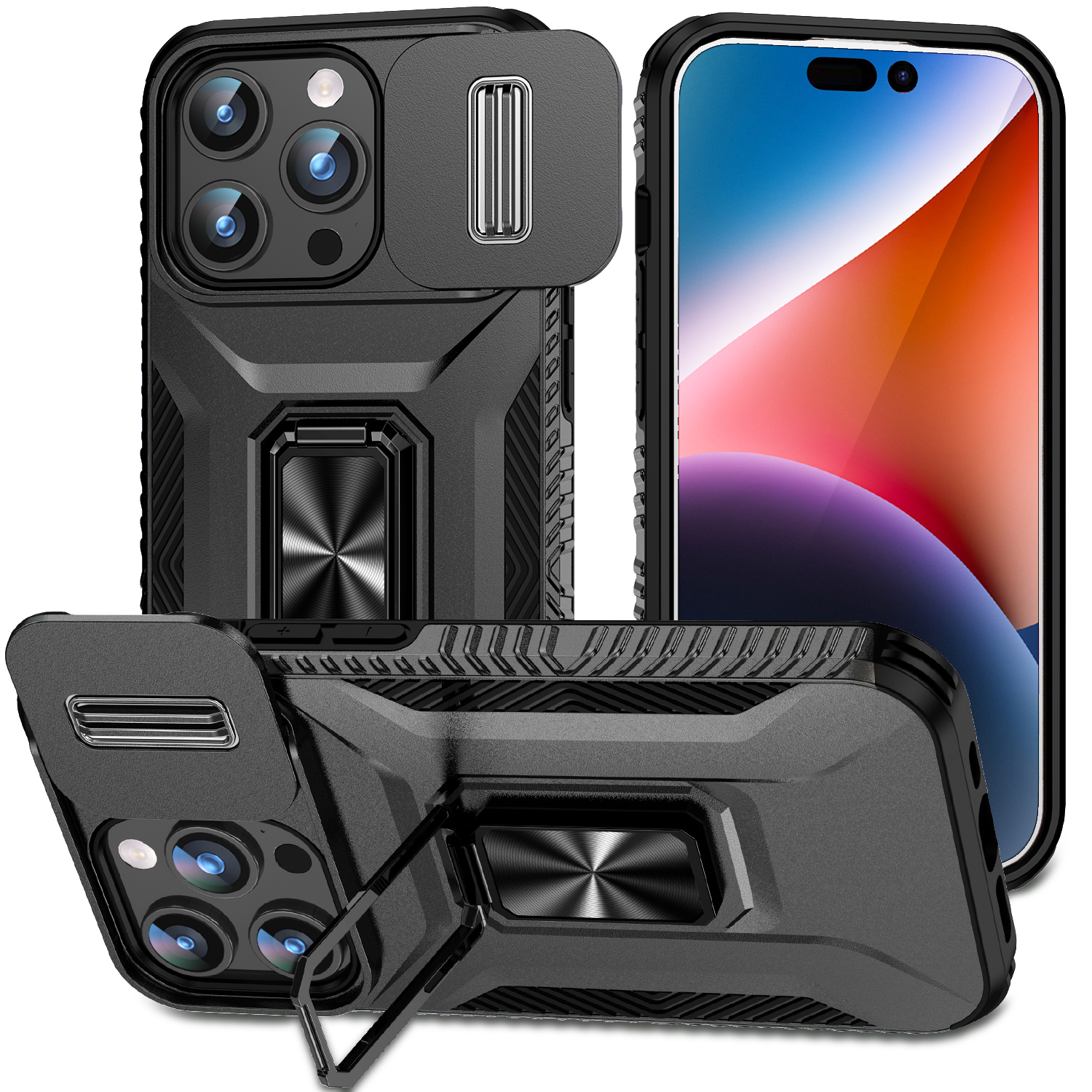 Reaper Rugged Armor Case Slide Camera Ring Stand Cover For iPhone 16e 16 15 14 13 12 11 Pro Max Samsung S25 Edge S23 FE S24 Ultra A06 A16 A26 A36 A56 