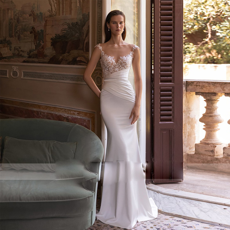 Elegant Flowers Lace Mermaid Guest Dresses Detachable Train Wedding Bridal Gown Sheer Neck Dress For Bride 0514