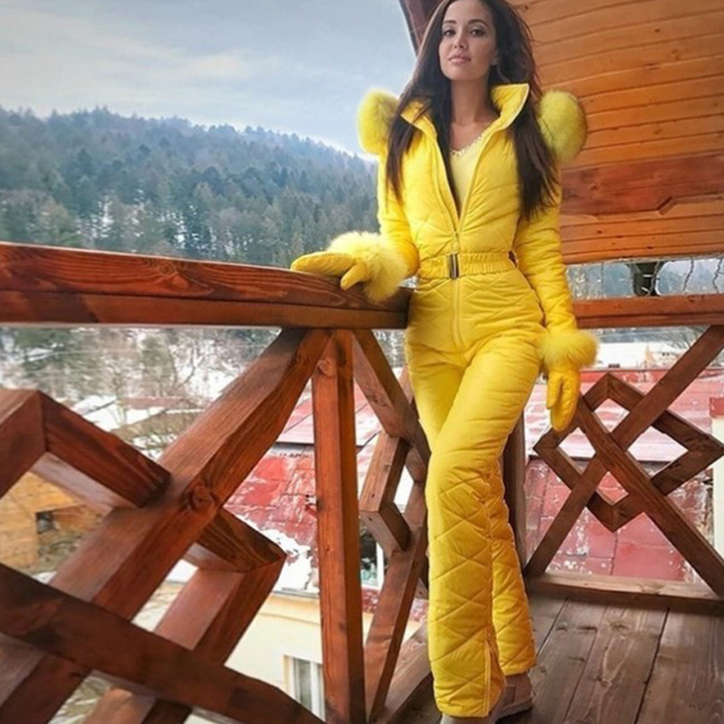 Skiing Suits Winter Hooded Jumpsuits Parka Elegant Cotton Padded Warm Sashes Ski Suit Straight Zipper Women Tracksuits 230920