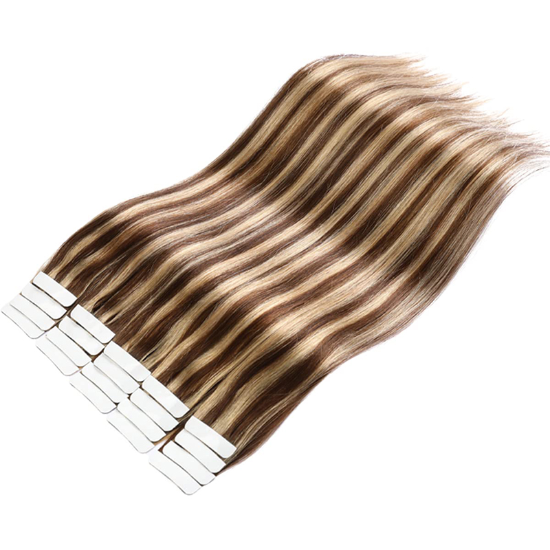 Ali Magic Tape In Hair Extensions Human Hair Color Dark Brown #4 Highlights #27 Strawberry Blonde Real Human Hair Extensions Tape In Silky Straight P4