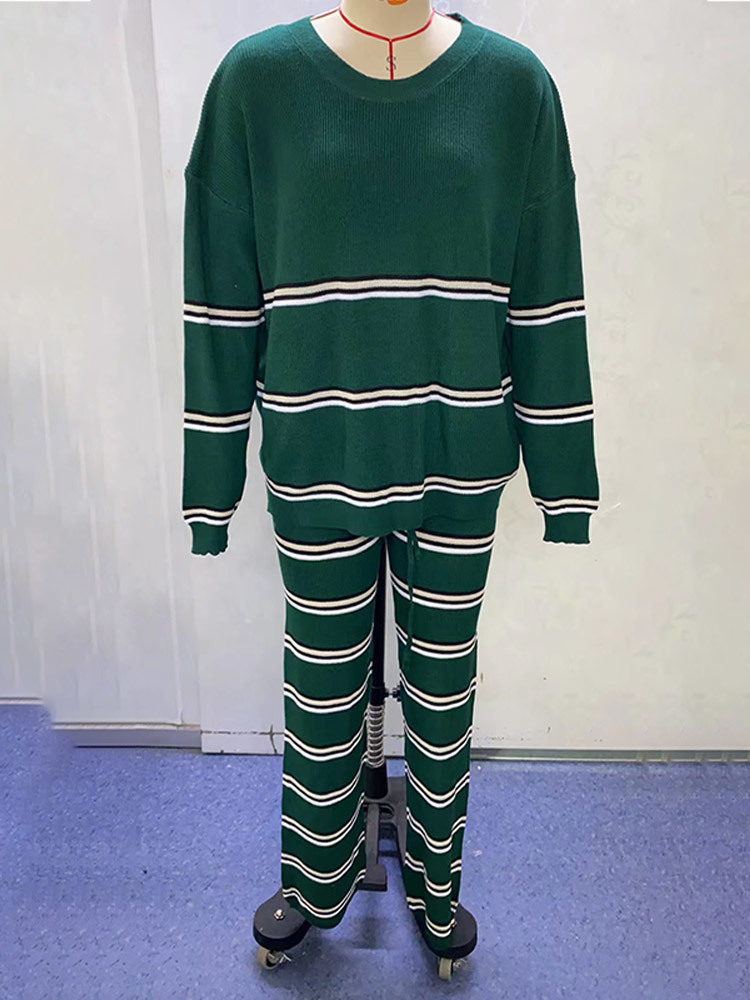 Womens Two Piece Pants Casual Striped Sweater Suit Autumn Oneck Long Sleeve Loose Pullovers 2 Set Drawstring Trousers Outfits 230920