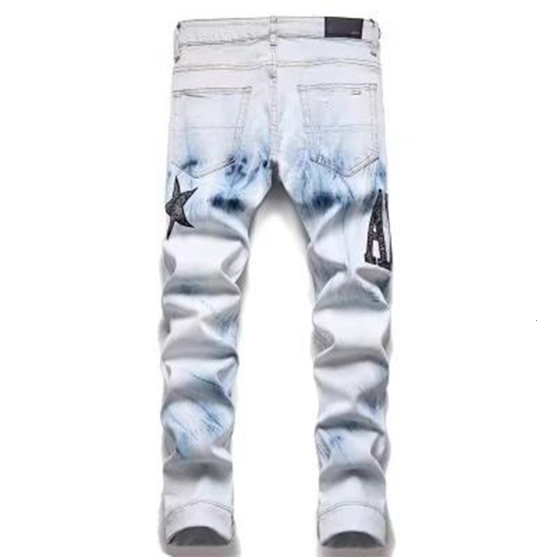 Mens Jeans Y2k Mens Star Embroidery High Street Ripped Punk Style Streetwear Pants for Man Slim Stretch Pencil Pantalones 230921