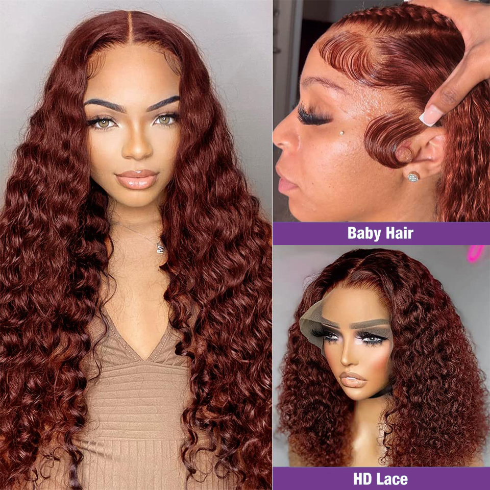 Reddish Brown Deep Wave - 40 Inch Glueless Curly Simulation Wig, 250 Density Copper Red HD Lace Frontal Human Hair Wig dh5727163