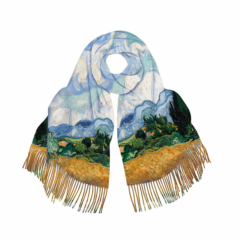 0C0030 Oil Painting Style Women's Home Clothing Scarves Imitation Cashmere Warm Shawl Tassels Versatile Digital Printing Customization and Wholes