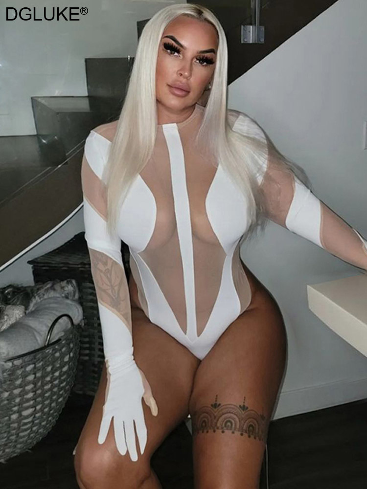Womens Jumpsuits Rompers Transparent Mesh Patchwork Sexy Bodysuit Women ONeck Long Sleeve Body Top With Gloves Tight Fitting Woman Rave Club Outfits 2