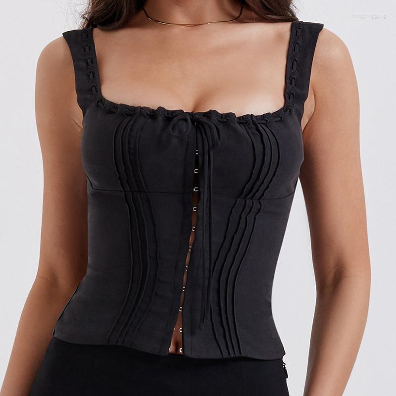 Women's Ral Lace Corset Crop Top - Open Front Y2k Tank Top, Square Neck, Black, White, Blue, Broadcloth