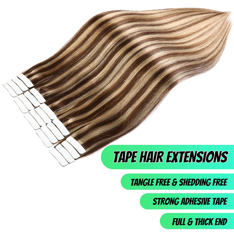 Ali Magic Tape In Hair Extensions Human Hair Color Dark Brown #4 Highlights #27 Strawberry Blonde Real Human Hair Extensions Tape In Silky Straight P4