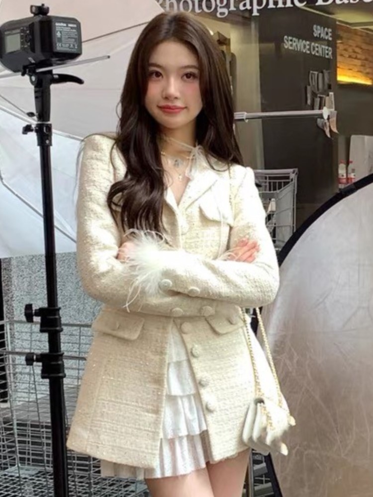 Women's Suits Blazers Elegant Solid Long Blazer Coat Women Single Breasted Vneck Autumn Winter Evening Party Dress Feathers Korean Chic Outerwear