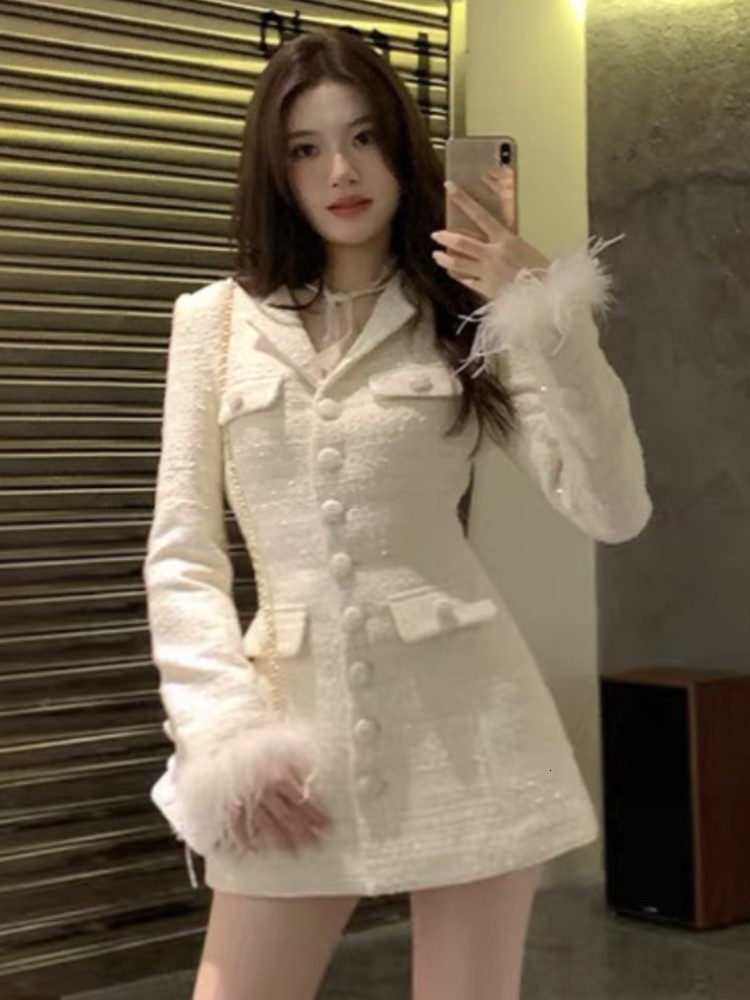 Women's Suits Blazers Elegant Solid Long Blazer Coat Women Single Breasted Vneck Autumn Winter Evening Party Dress Feathers Korean Chic Outerwear