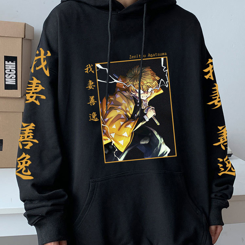 Men's Hoodies Sweatshirts Anime Demon Slayer Hoodie Agatsuma Zenitsu Printed Long Sleeve Oversized Hip Hop Sweatshirt Harajuku Casual Warm Spring