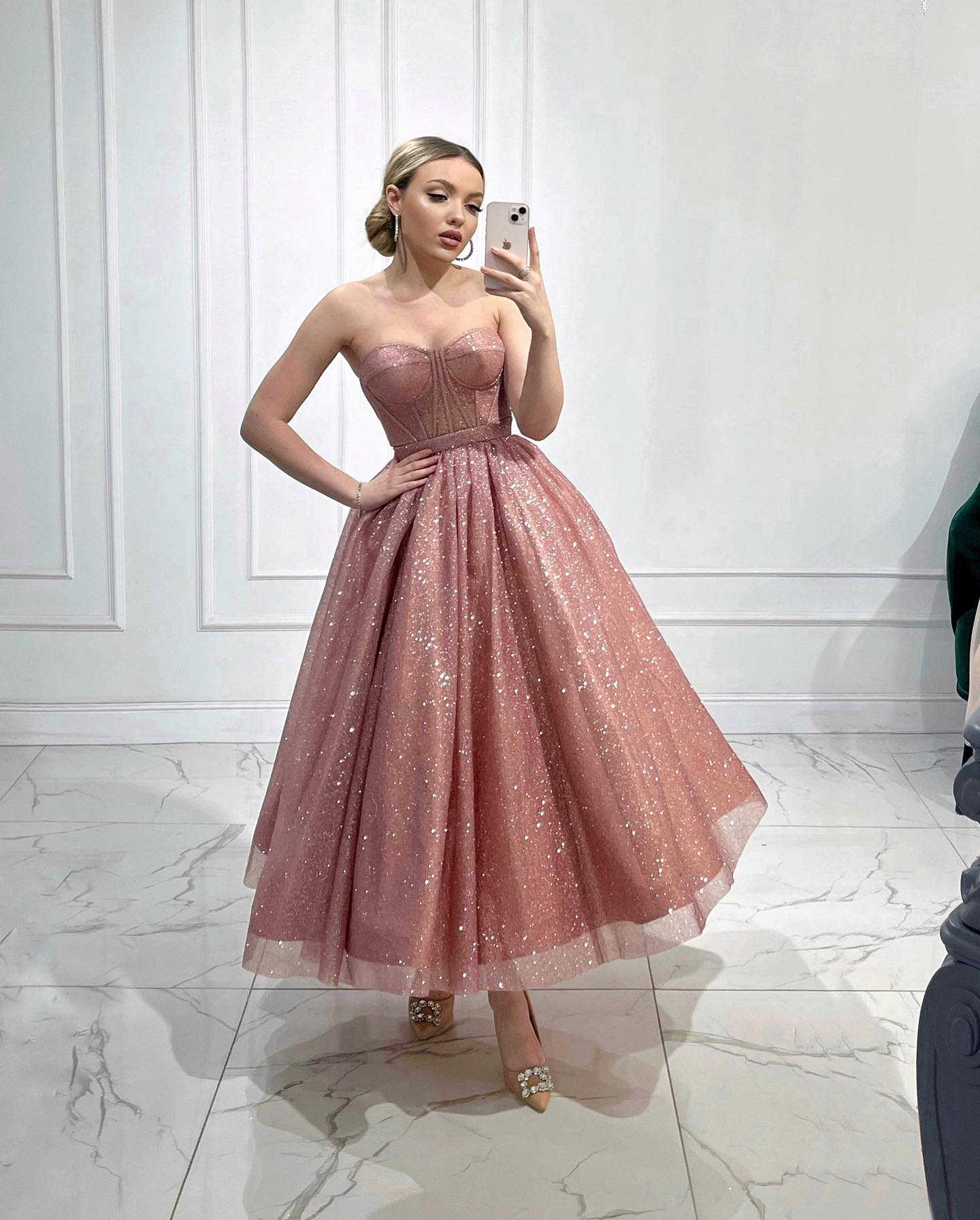 Pink Glitter Prom Dresses A E Bone Bodice Sweetheart Evening Pleats Tea Length Formal Long Special Ocn Party Dress 6660312