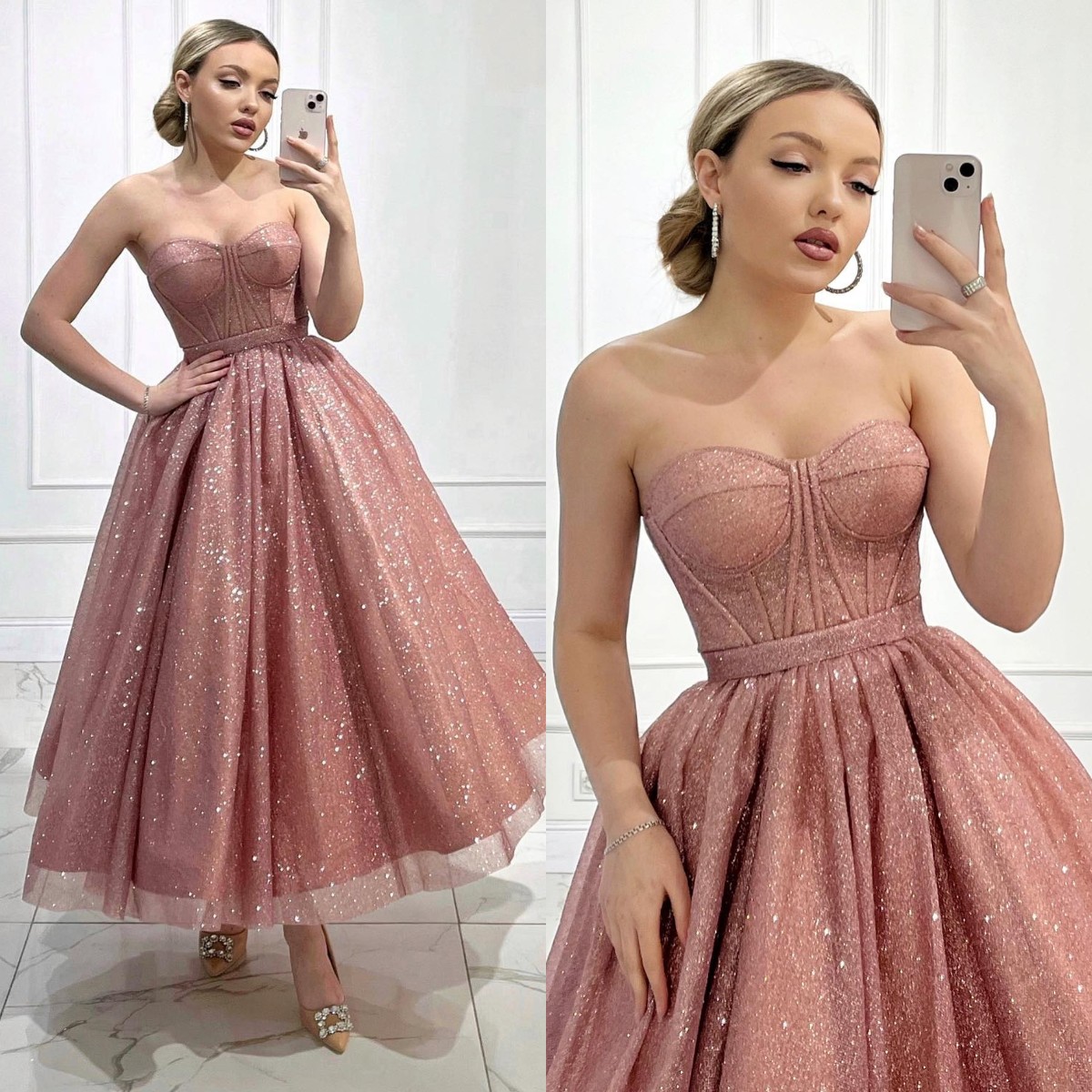 Pink Glitter Prom Dresses A E Bone Bodice Sweetheart Evening Pleats Tea Length Formal Long Special Ocn Party Dress 6660312