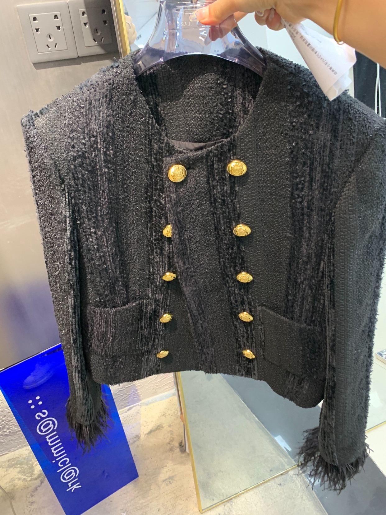 Womens o-neck tweed woolen double breasted ostrich fur sleeve fashion jacket SMLXL