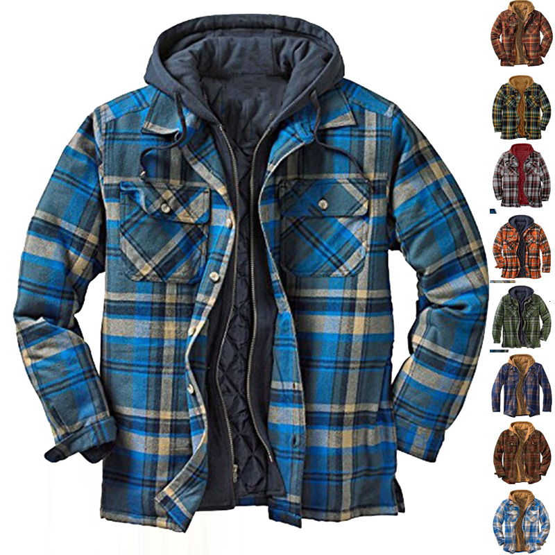 Men's Plaid Cotton Winter Jacket Hooded Casual Bomber For Camping & Daily Wear - 2024 B3