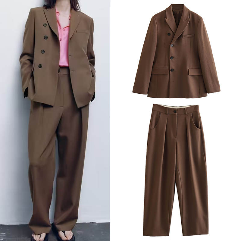 Womens Two Piece Pants Women Double Breasted Blazer Set Fashion Ladies Coffee Jacket High Waist Female Straight Pant Casual Chic Suit for 230921