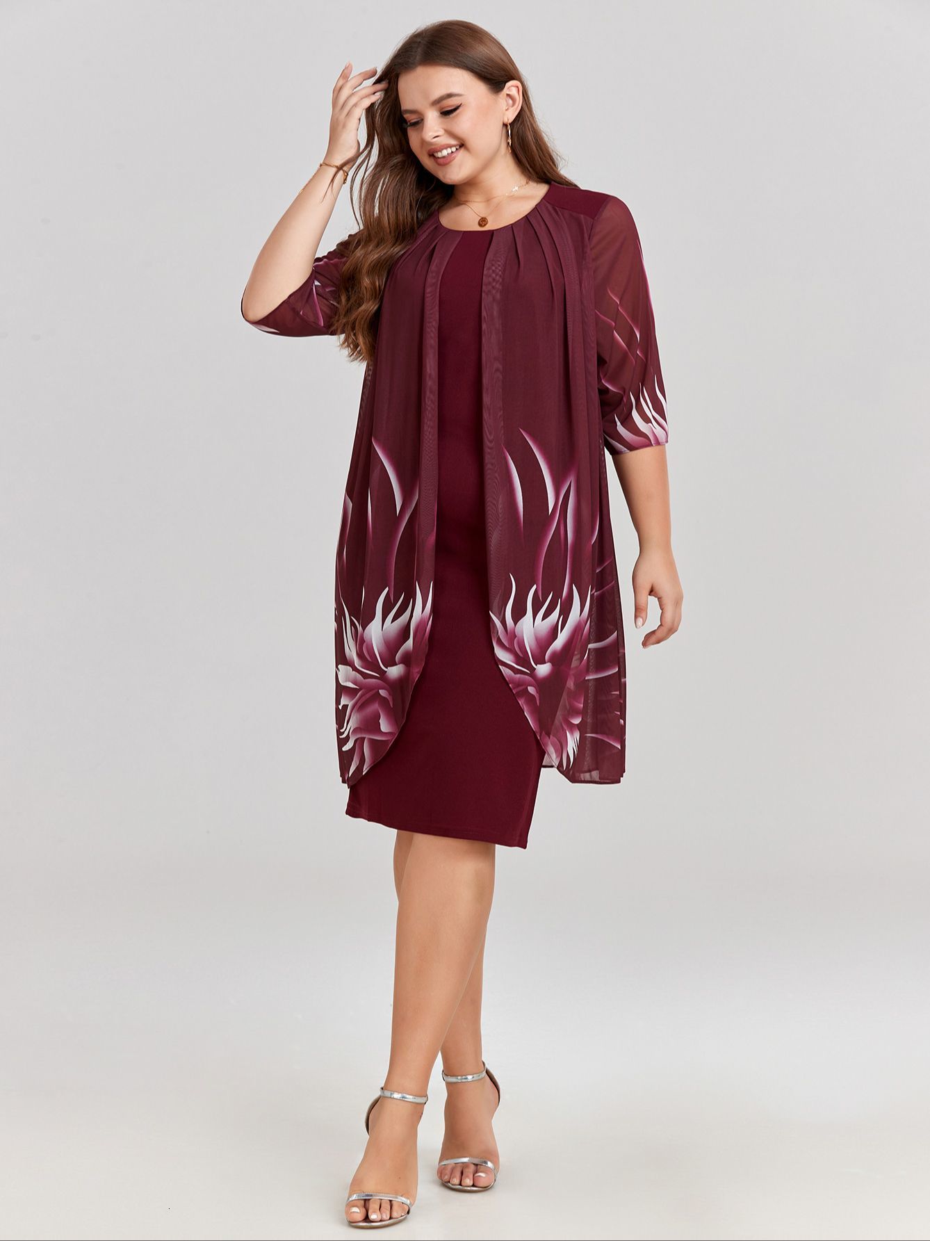 Plus size Dresses Size Dress for Women Elegant Burgundy Mesh Printed Irregular Slim 2023 Summer Casual Evening Party 2XL 3XL 4XL 230920