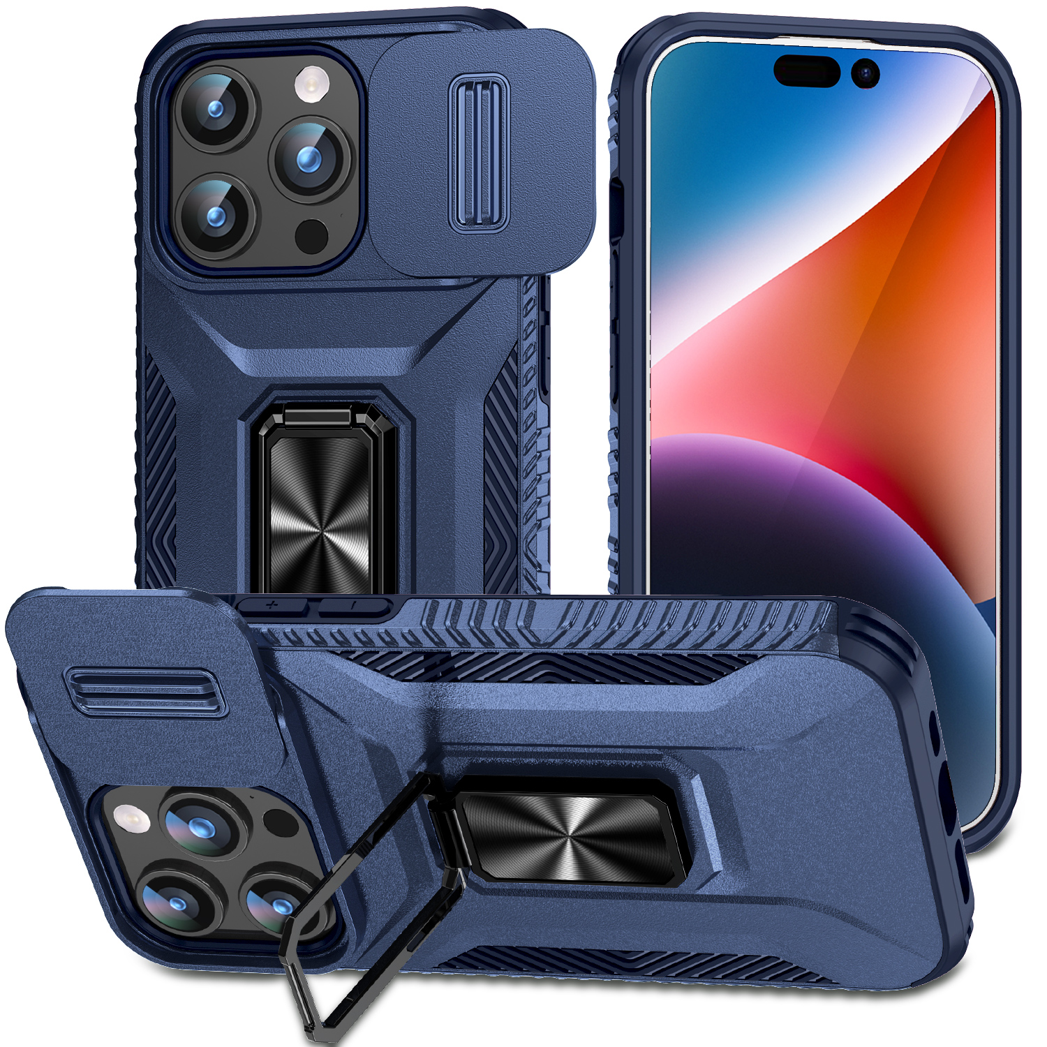 Reaper Rugged Armor Case Slide Camera Ring Stand Cover For iPhone 16e 16 15 14 13 12 11 Pro Max Samsung S25 Edge S23 FE S24 Ultra A06 A16 A26 A36 A56 