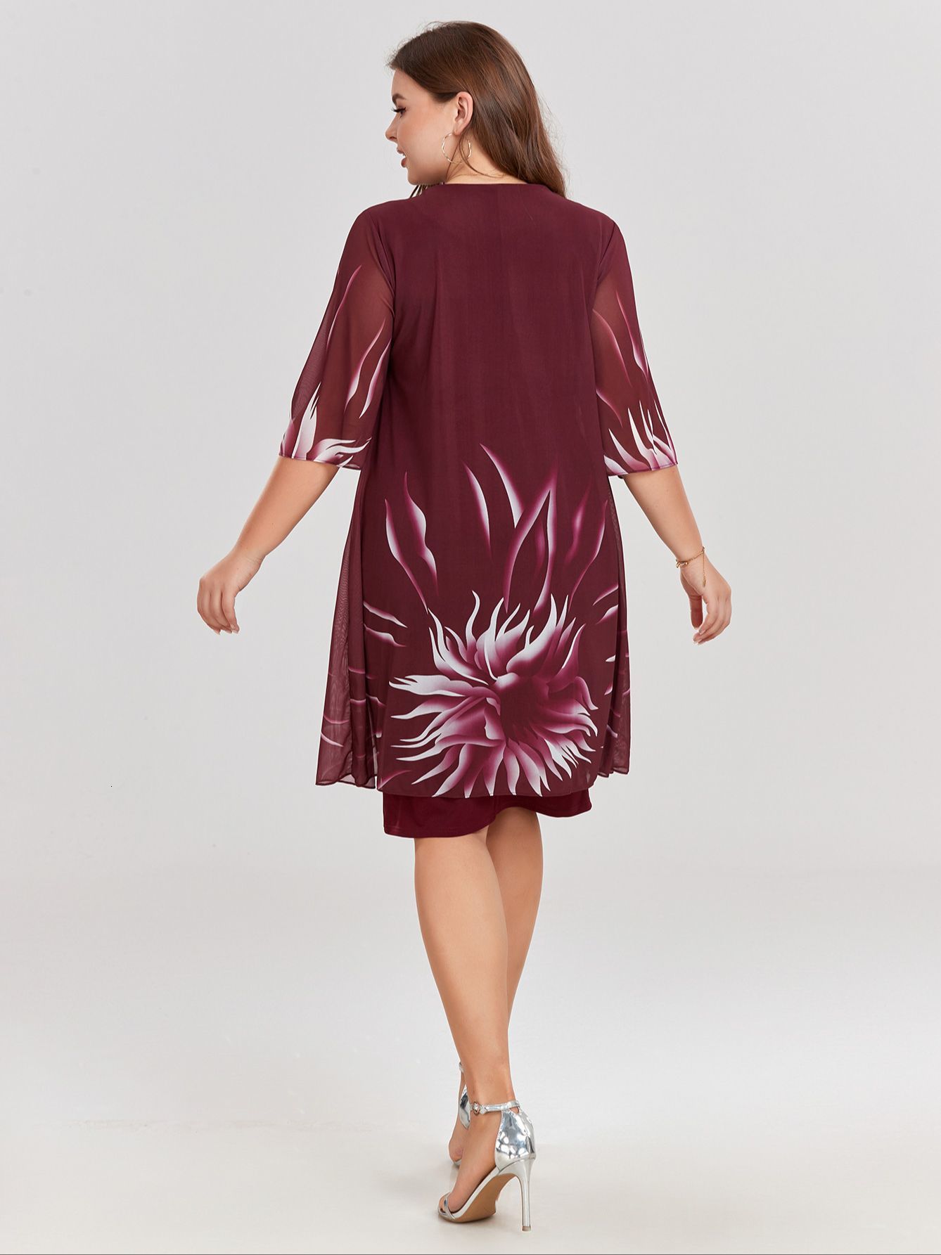 Plus size Dresses Size Dress for Women Elegant Burgundy Mesh Printed Irregular Slim 2023 Summer Casual Evening Party 2XL 3XL 4XL 230920