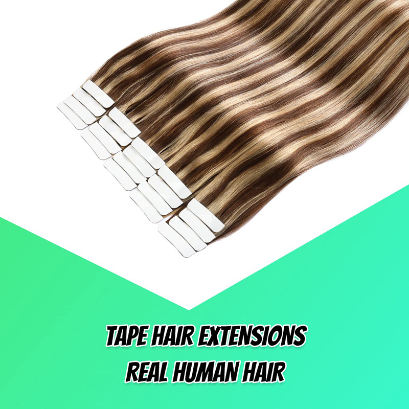 Ali Magic Tape In Hair Extensions Human Hair Color Dark Brown #4 Highlights #27 Strawberry Blonde Real Human Hair Extensions Tape In Silky Straight P4