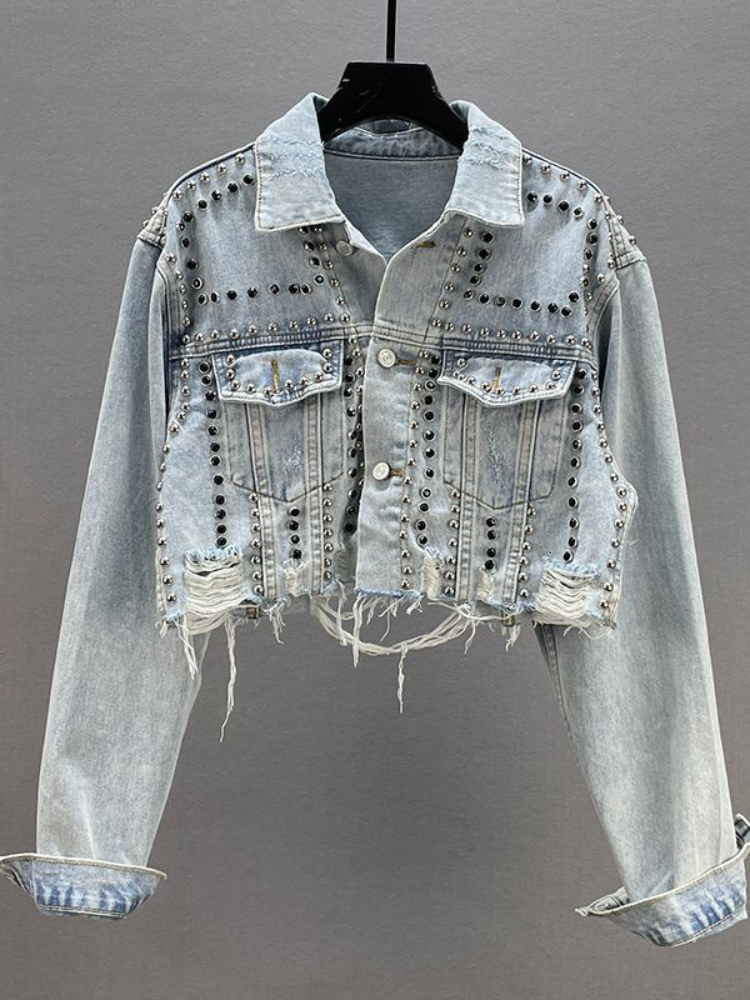 Womens Jackets Denim Jacket Spring Summer In Heavy Industry Rivet Studded Jean Women Worn Nail Bead Top 230921