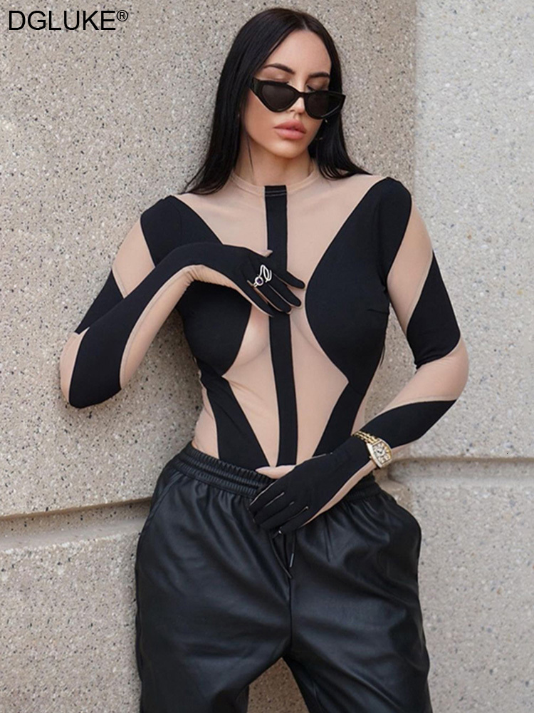 Womens Jumpsuits Rompers Transparent Mesh Patchwork Sexy Bodysuit Women ONeck Long Sleeve Body Top With Gloves Tight Fitting Woman Rave Club Outfits 2