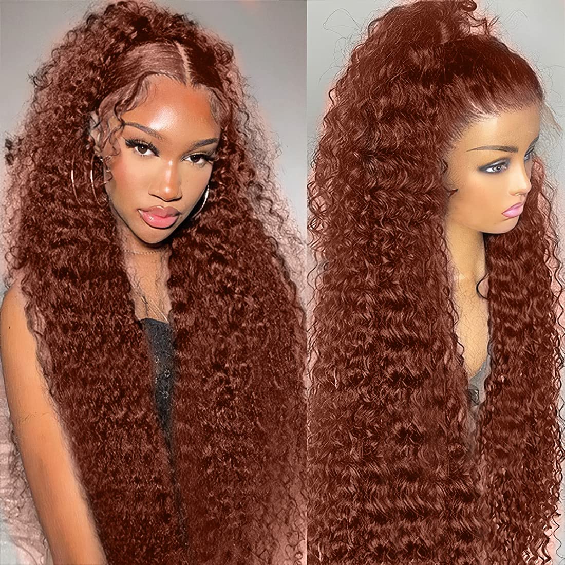 Reddish Brown Deep Wave - 40 Inch Glueless Curly Simulation Wig, 250 Density Copper Red HD Lace Frontal Human Hair Wig dh5727163