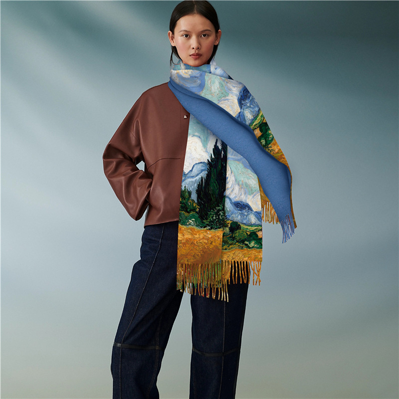 0C0030 Oil Painting Style Women's Home Clothing Scarves Imitation Cashmere Warm Shawl Tassels Versatile Digital Printing Customization and Wholes