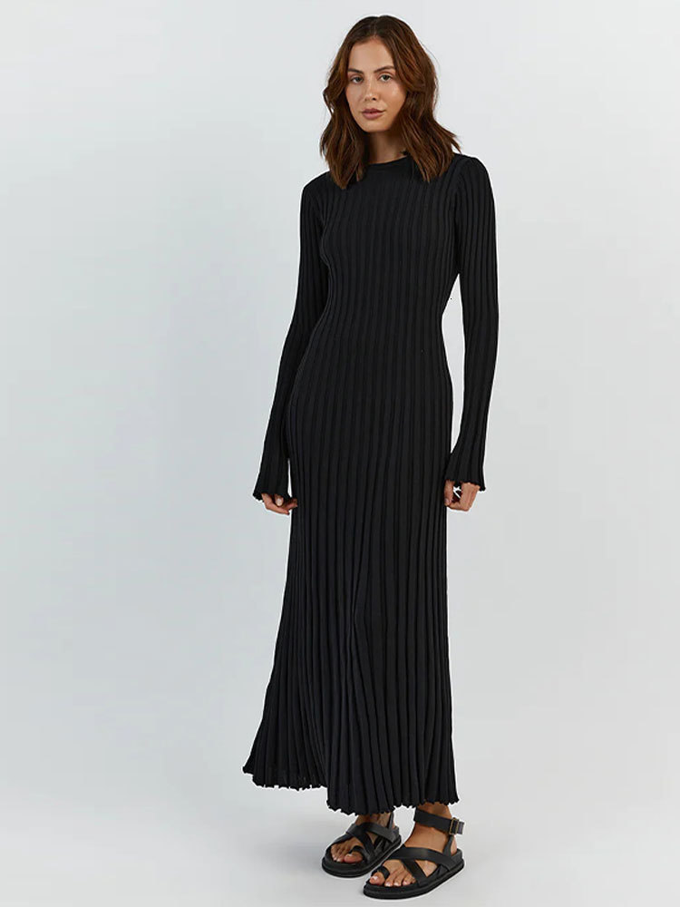 Basic Casual Dresses Solid Color Round Neck Long Sleeved Knitted Dress Women Pleated Slim White Long Robes Summer Lady Office Streetwear Vestido 23092