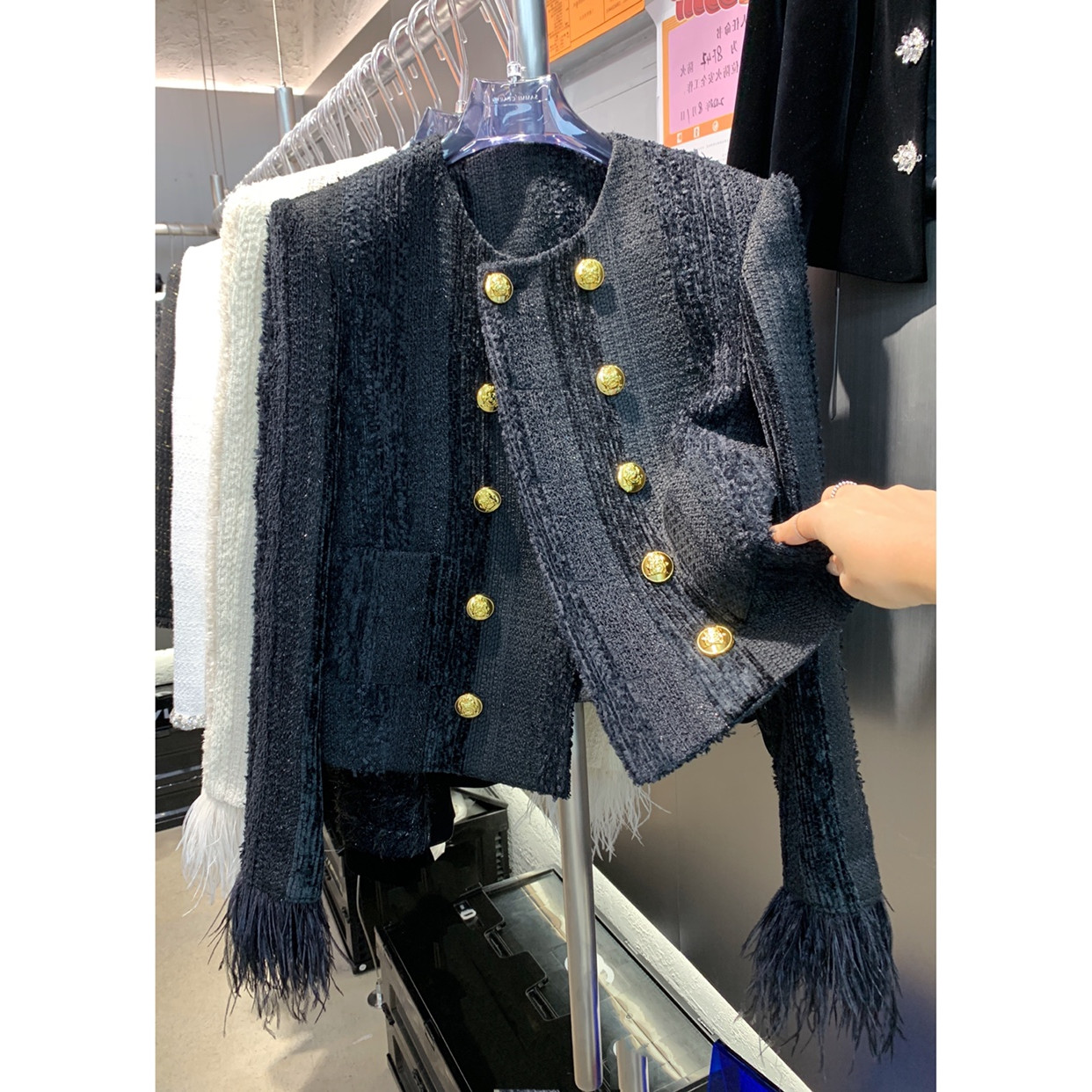 Womens o-neck tweed woolen double breasted ostrich fur sleeve fashion jacket SMLXL