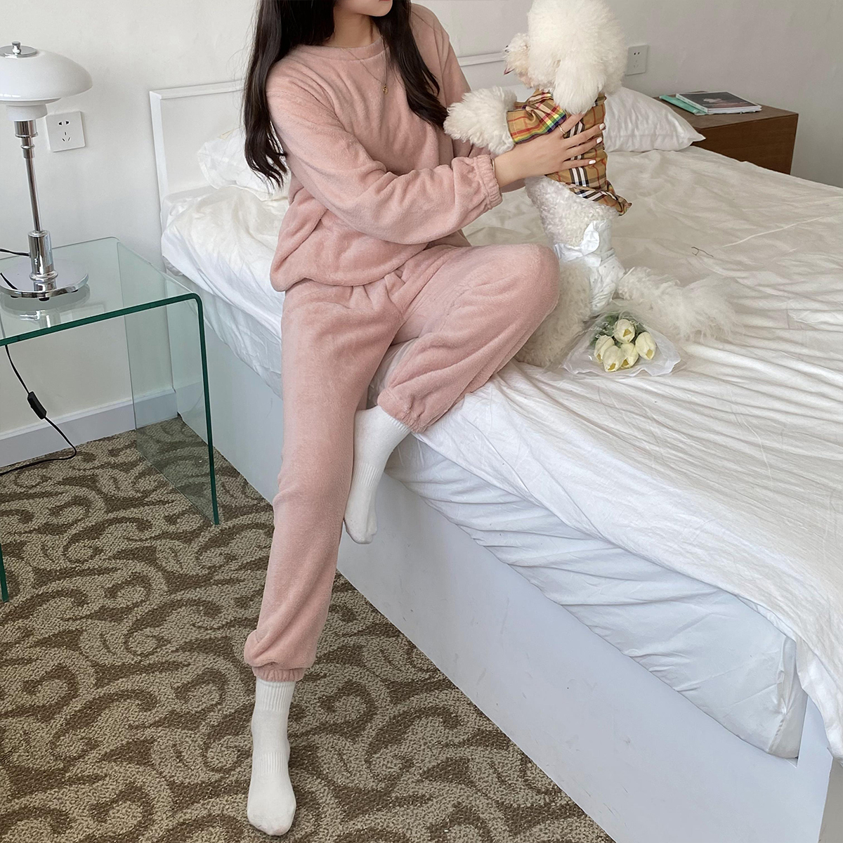 Women's Sleepwear HELIAR Women Velvet Pajama Set Loose Top And Elastic Waist Pants Home Casual Warm Woolen Suit Women Autumn Winter 230920