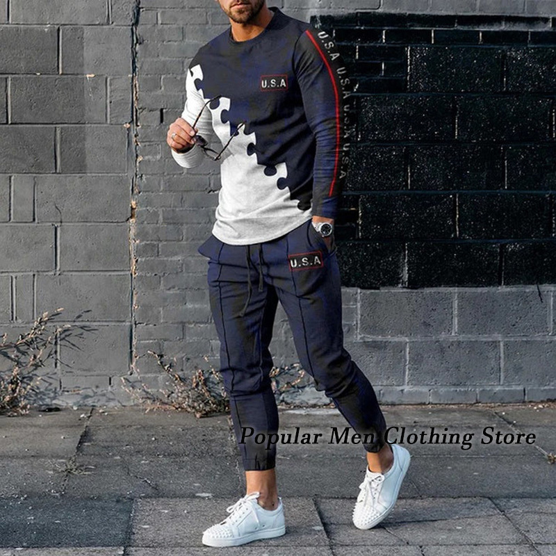 Mens Tracksuits Spring Tracksuit Set 3D Printed Solid Color Jogger Sportswear Casual Long Sleeves T shirtsLong Pants Suit Men Clothing 230920