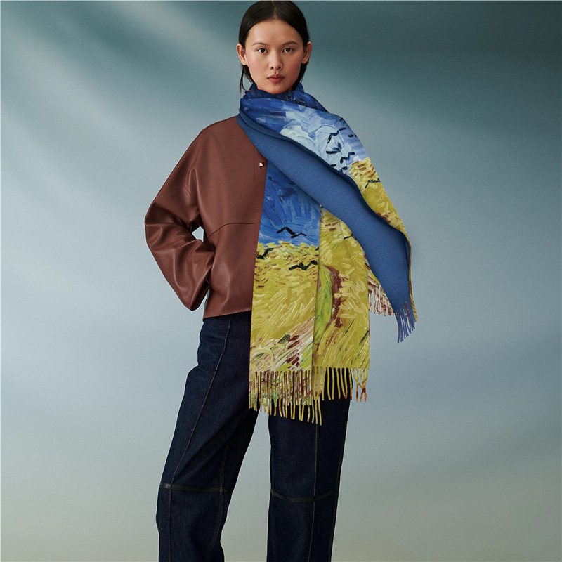 0C0030 Oil Painting Style Women's Home Clothing Scarves Imitation Cashmere Warm Shawl Tassels Versatile Digital Printing Customization and Wholes