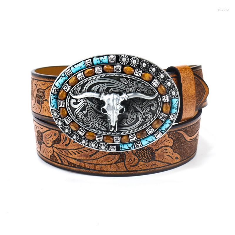 Belts Western Cowboy Style Denim Belt Retro Cow Head Skeleton Men's Punk Leather Fashion Women Men Jeans Waistband Decoration